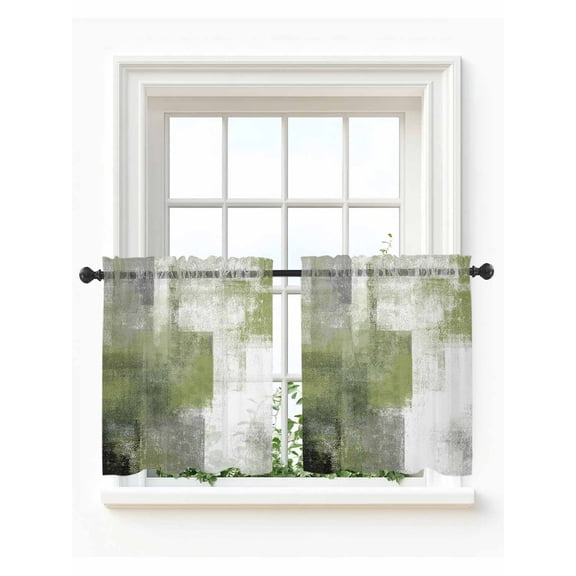 Sage Green Ombre Tier Curtains 24 Inch Length,Sheer Curtains for Bedroom Living Room Window Vintage Shabby Abstract Plaid Art Rod Pocket Drapes Kitchen Curtains Small Half Window 27.5"x24" 2 Panels