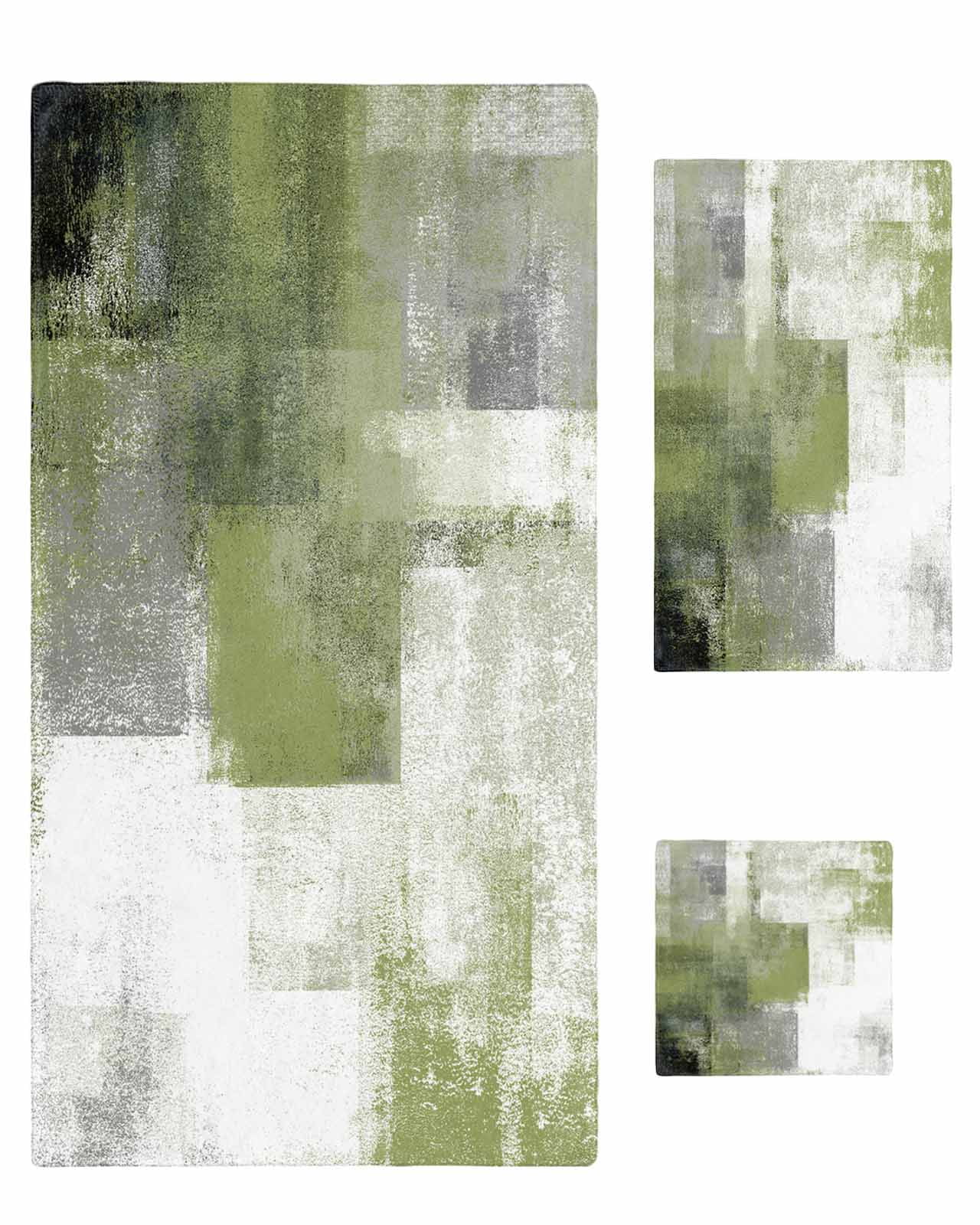 Sage Green Ombre Towel Set of 3, Soft Microfiber Bath Towels, Hand Towel, Washcloths, Vintage Shabby Abstract Plaid Art Quick-Dry Absorbent Towels for Bathroom Kitchen Hotel Beach Gym Spa