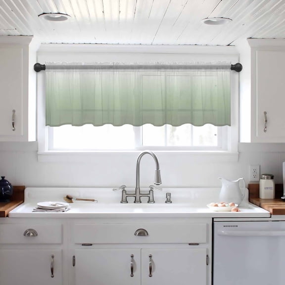 Sage Green Ombre Valance Curtains for Kitchen/Living Room/Bathroom/Bedroom Window, Modern Sage Green Abstract Art Rod Pocket Small Topper Half Short Window Curtains Voile Sheer Scarf 54"x18"