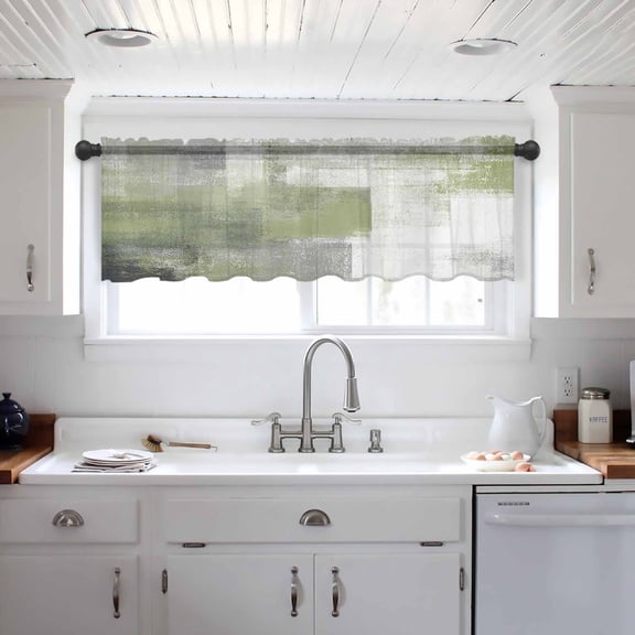 Sage Green Ombre Valance Curtains for Kitchen/Living Room/Bathroom/Bedroom Window, Vintage Shabby Abstract Plaid Art Rod Pocket Small Topper Half Short Window Curtains Voile Sheer Scarf 42"x18"