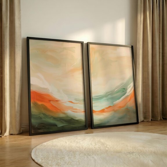 Sage Green & Orange Abstract Art Prints Soft Fluid Horizon Landscape Diptych Modern Earthy Wall Decor Calming Nature Art Duo Set 3