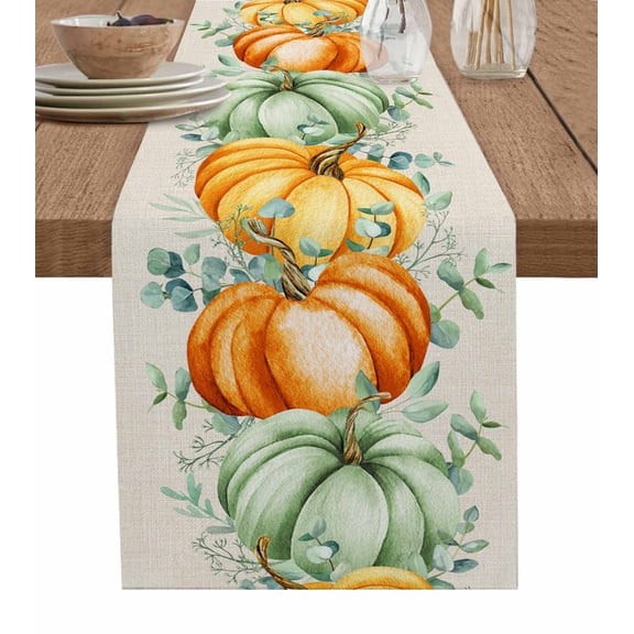 Sage Green Orange Fall Burlap-Cotton Table Runner 120 Inches Long,Pumpkins Eucalyptus Thanksgiving Rustic Beige Table Runners,Outdoor Dining Tablecloths for Baby Shower/Party/Wedding 13x120