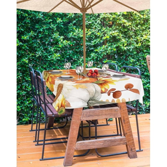 Sage Green Orange Fall Outdoor Tablecloth - 54 Inch Round Table Cover, Thanksgiving Sunflower Maple Leaf Rustic Waterproof Outdoor Table Cloth with Umbrella Hole & Zipper for Picnic/Patio