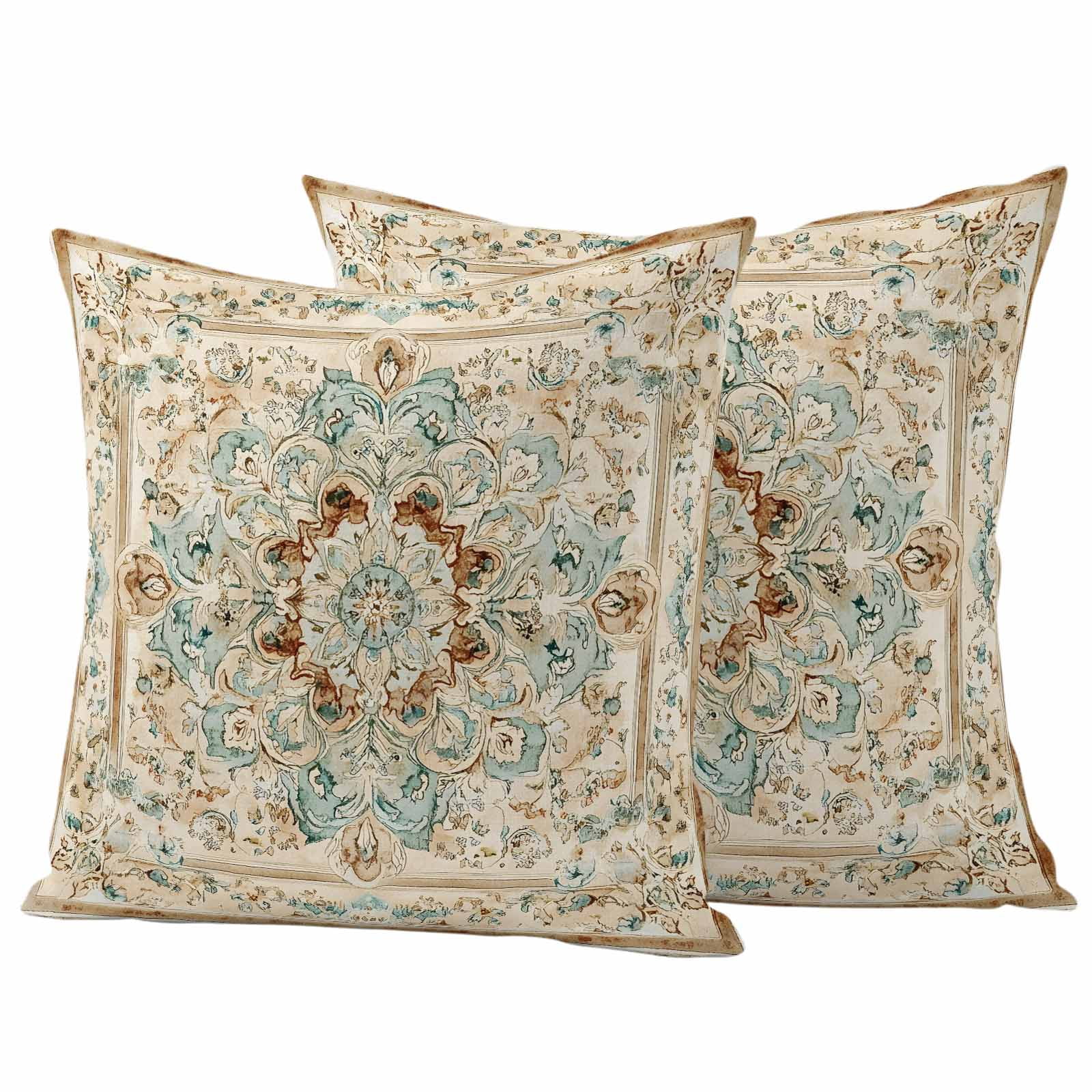 Sage Green Orange Floral Outdoor Waterproof Pillow Covers, Boho Vintage Botanical Ethnic Decorative Square Throw Pillowcase Sofa Cushion Sham for Patio/Couch/Chair, 16"x16" 2 Pack