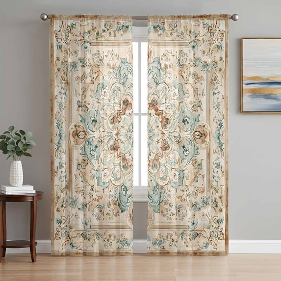 Sage Green Orange Floral Sheer Curtains 84 Inch Length 2 Panels Set, Boho Vintage Botanical Ethnic Voile Window Treatment Rod Pocket Curtains Sheers Drapes for Bedroom/Living Room/Kitchen 52"x84"x2