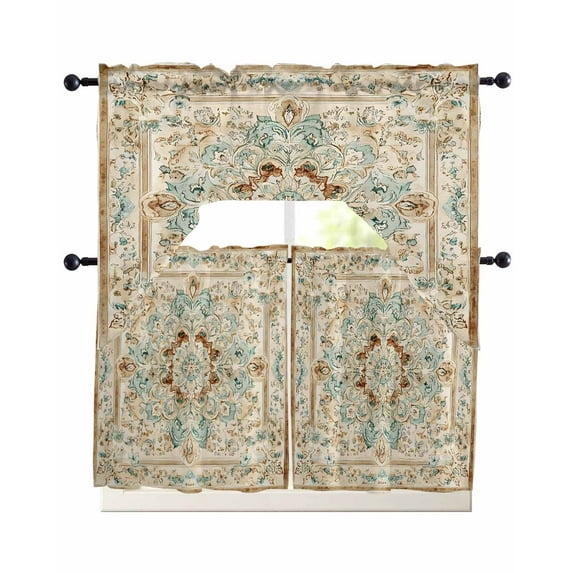 Sage Green Orange Floral Swag Curtains for Living Room/Bedroom Windows, Boho Vintage Botanical Ethnic Kitchen Curtains and Valances Set 36 Inch Length, Light Filtering Swags Valance Curtain Panels
