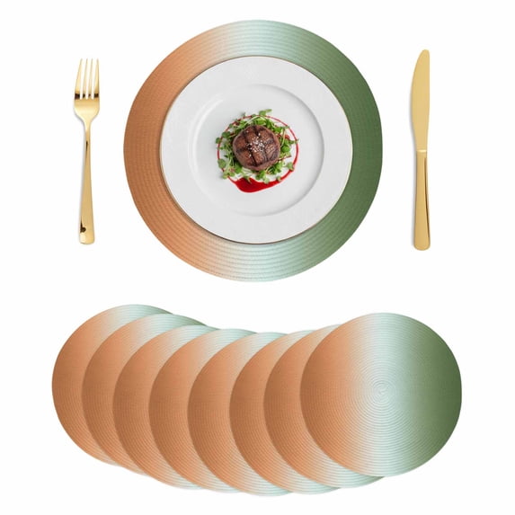 Sage Green Orange Ombre Round 15 Inch Placemats Set of 8, Abstract Modern Art Aesthetics HeatResistant Non Slip Place Mats for Dining Table, Wipeable Braided Kitchen Table Mats for Housewarming