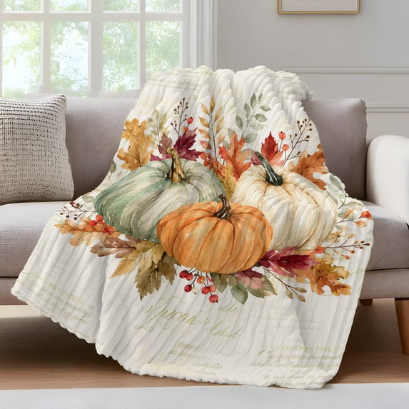 Sage Green Orange Pumpkins Fall Fleece Throw Blanket for Couch, Thanksgiving Eucalyptus Microfiber Flannel Blanket for All Season, Lightweight Soft Throw Blankets for Girls, Kids, Teens, 40"x60"