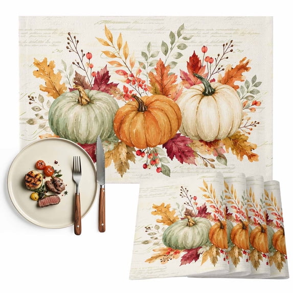 Sage Green Orange Pumpkins Fall Placemats Set of 2, Thanksgiving Eucalyptus Washable Wipeable Table Mats for Dining Tables, Indoor Outdoor Kitchen Place Mats for Holiday Party Table Decor