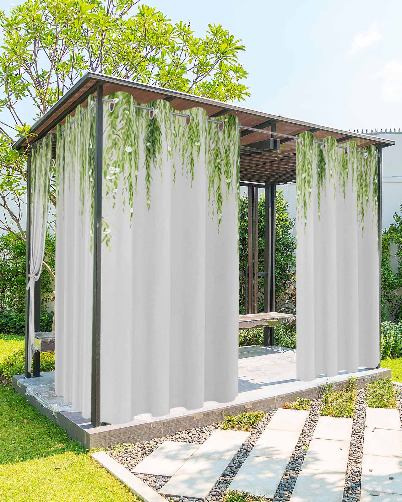 Sage Green Outdoor Curtains for Patio, Summer Botanical Leaves Privacy