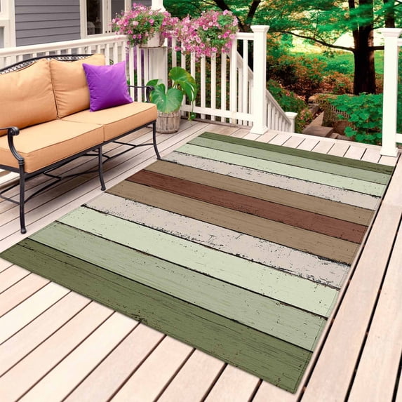 Sage Green Outdoor Rug for Patio/Deck/Porch, Non-Slip Large Area Rug 3 x 5 Ft, Farmhouse Wood Grain Vintage Brown Striped Indoor Outdoor Rugs Washable Area Rugs, Reversible Camping Rug Carpet Runner