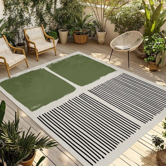 Sage Green Outdoor Rug for Patio/Deck/Porch, Non-Slip Large Area Rug 4 x 6 Ft, Modern Painting Farmhouse Striped Abstract Art Indoor Outdoor Rugs Washable Area Rugs, Camping Rug Carpet Runner