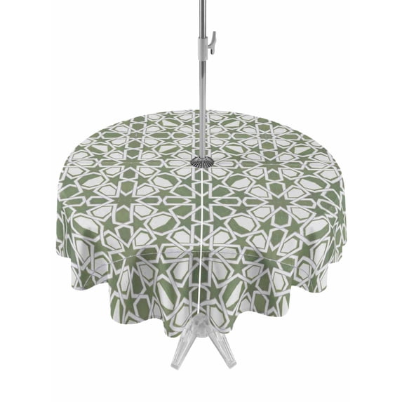 Sage Green Outdoor Tablecloth - 60 Inch Round Dining Table Cover, Retro Abstract Morocco Geometric Texture Waterproof Outdoor Table Cloth with Umbrella Hole & Zipper for Picnic/Patio/Party