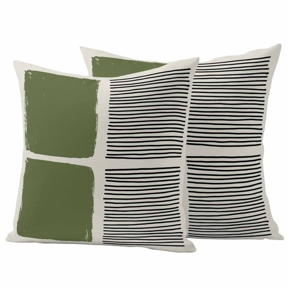 Sage Green Outdoor Waterproof Pillow Covers, Modern Painting Farmhouse Striped Abstract Art Decorative Square Throw Pillowcase Sofa Cushion Sham for Patio/Couch/Chair, 18"x18" 2 Pack