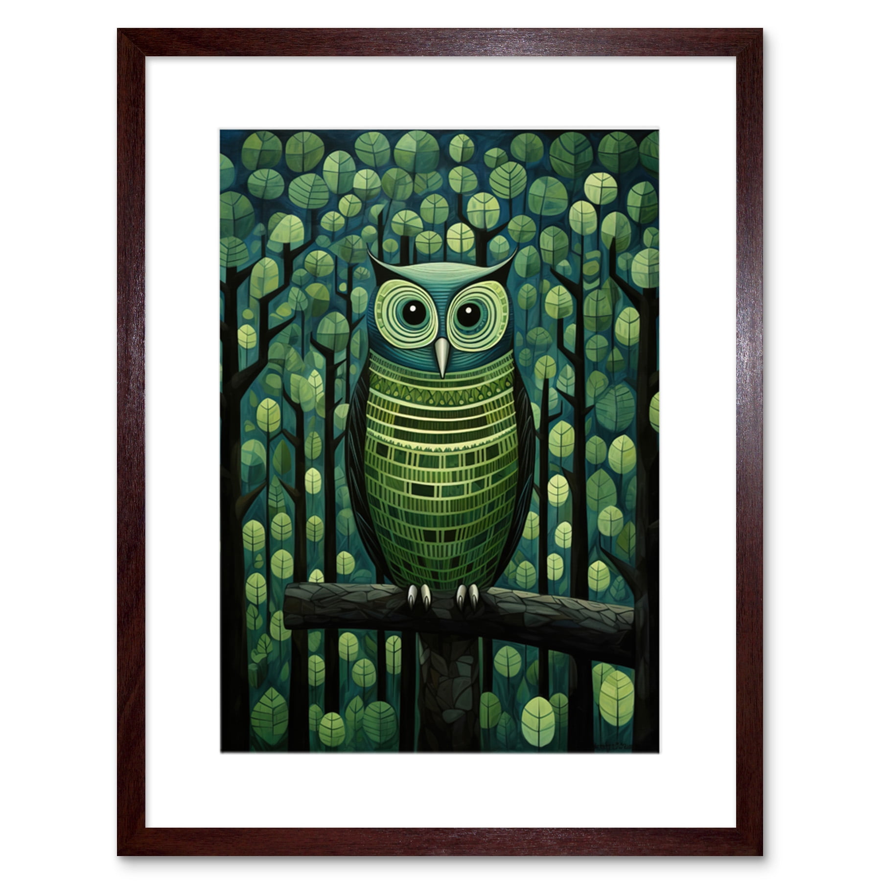 Sage Green Owl Illustration Perched in Geometric Forest Night Dusk ...