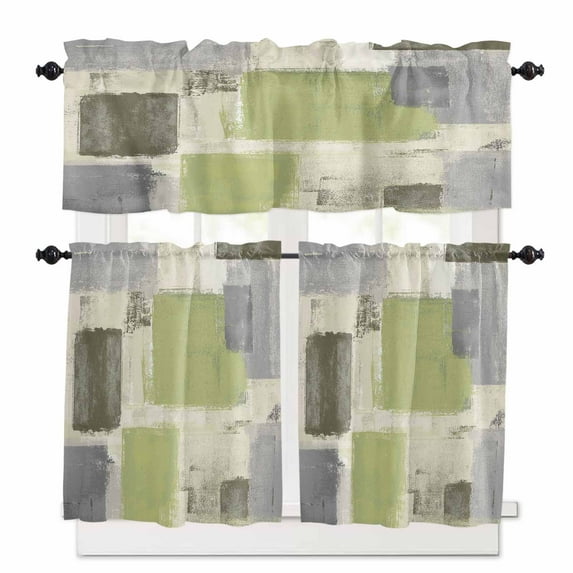 Sage Green Paint Kitchen Curtains and Valances Set, Abstract Mottled Classic Art Rod Pocket Window Valance 18 Inch Window Curtain Panels for Living Room Bedroom Laundry, 27.5x36in, 3 Pieces