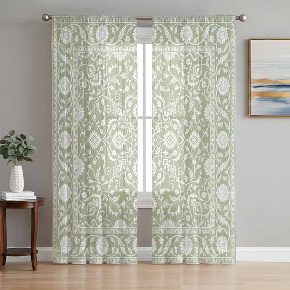 Sage Green Paisley Boho Sheer Curtains 63 Inch Length 2 Panels Set, Abstract Art Floral Aesthetic Voile Window Treatment Rod Pocket Curtains Sheers Drapes for Bedroom/Living Room/Kitchen 52x"63"x2