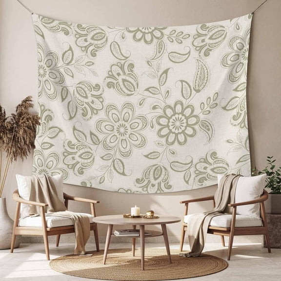 Sage Green Paisley Floral Tapestry Wall Hanging Retro Bohemian Flowers Art Decor for Bedroom Living Room College Dorm Decorative Backdrop 40x60 Inch