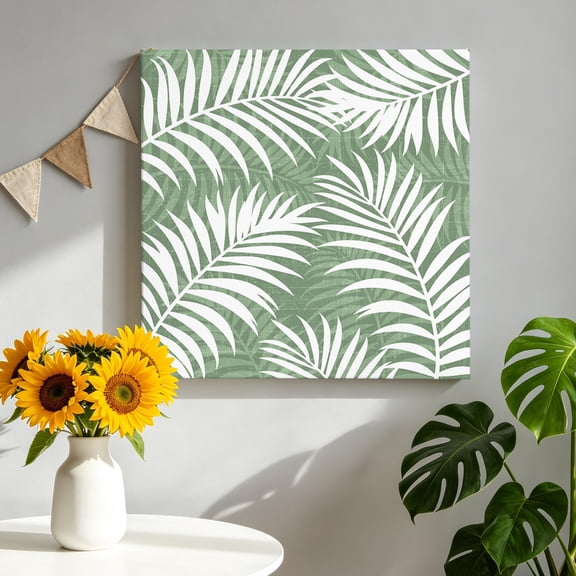 Sage Green Palm Leaf Canvas Wall Art, Country Coastal Tropical Boho Beach Tree Leaves Framed Canvas Wall Decor Picture Print Artwork Decorations for Living Room Office Ready to Hang 8" x 8"