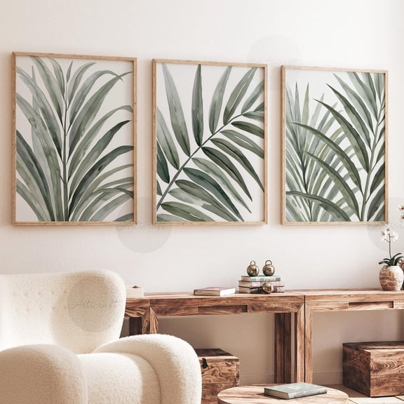 Sage Green Palm Leaf Prints Set Of 3, Minimalist Tropical Botanical Wall Art