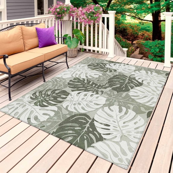 Sage Green Palm Leaves Outdoor Rug for Patio/Deck/Porch, Non-Slip Large Area Rug 6 x 9 Ft, Summer Tropical Botanical Farmhouse Indoor Outdoor Rugs Washable Area Rugs, Camping Rug Carpet Runner
