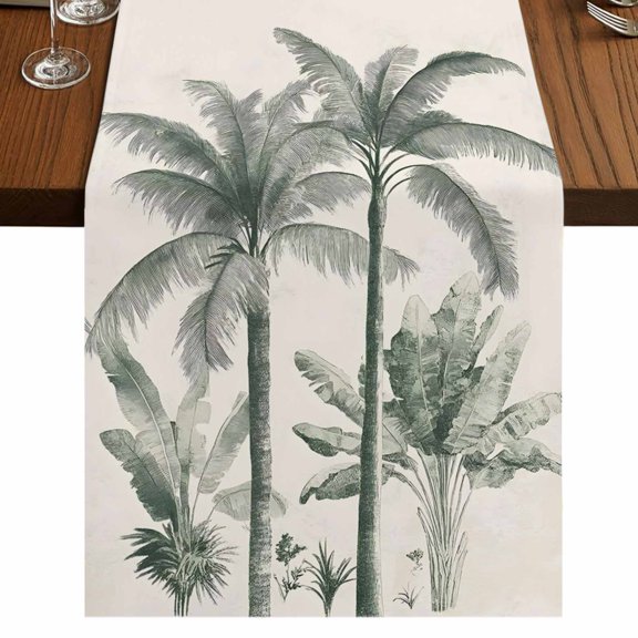 Sage Green Palm Tree 48 Inch Table Runner, Tropical Botanical Summer Beach Farmhouse Dresser Scarf Cotton & Linen Tablerunner for Dining/Kitchen Island/Holiday Party Décor 13" x 48"
