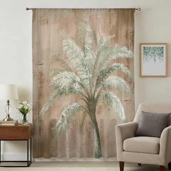 Sage Green Palm Tree Sheer Curtains 45 Inches Long, Brown Summer Tropical Plants Leaves Light Filering Curtains, Breathable Simi Curtain Privacy Drapes for Kitchen Bathroom Window Treatment