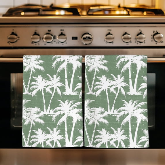 Sage Green Palm Tree Summer Kitchen Towels Set of 3, Beach Tropical Coastal Absorbent Dish Towels for Kitchen, Microfiber Hand Towel, Quick Drying Tea Towel for Cleaning Decorative Dishcloths