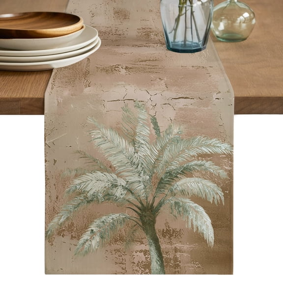 Sage Green Palm Tree Table Runner 36 Inches Long,Brown Summer Tropical Plants Leaves Cotton Linen Table Runners Dresser Scarves,Fabric Tabletop Scarf Furniture Cover for Home Dinner Party 13"x36"