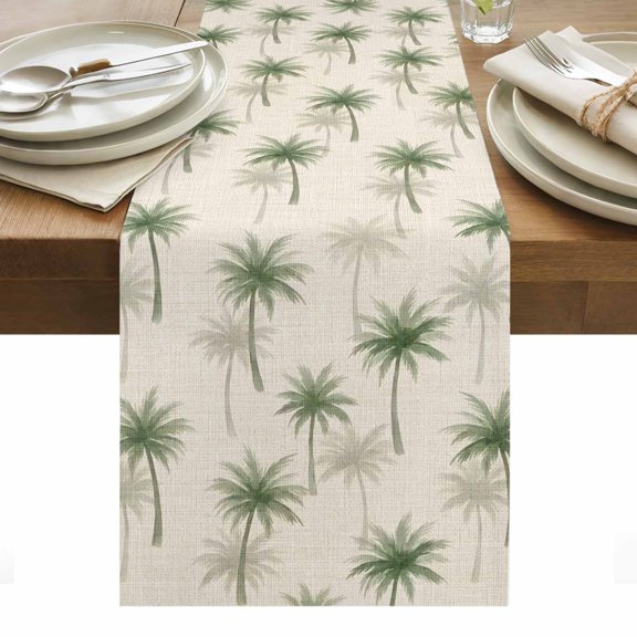 Sage Green Palm Tree Table Runner Summer Tropical Burlap Rustic Tablerunners 13 x 36 Inch, Table Decorations Tabletop Scarf for Summer Gathering Holiday Farmhouse Kitchen Dining Decor