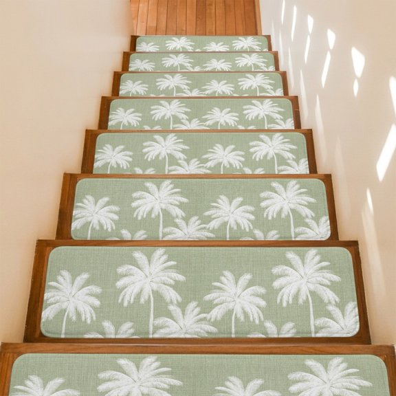 Sage Green Palm Trees Stair Treads Non Slip for Steps Summer Beach Tropical Farmhouse 4 Pcs Reusable Adhesive Stair Runner Mats for Dogs Elders Carpet Treads Rugs for Staircase 8x30 In