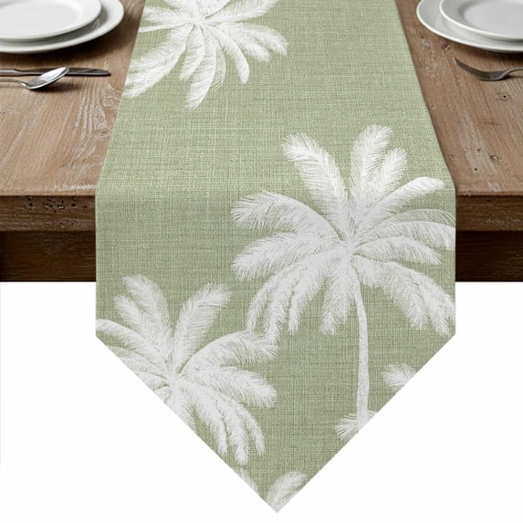 Sage Green Palm Trees Table Runner Linen Burlap Table Runner 90 Inches Long Farmhouse Tropical Summer Beach Dresser Scarves for Kitchen Island Coffee Dining Room Party Wedding Holiday Decor 13"x90"