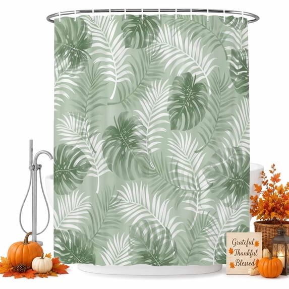 Sage Green Palm Trees Tropical Shower Curtain Set - Small 36" x 72" Washable Bathtub Curtain with 12 Hooks, Summer Beach Botanical Waterproof Fabric Stall Shower Curtains for Bathroom/Bathtub Décor