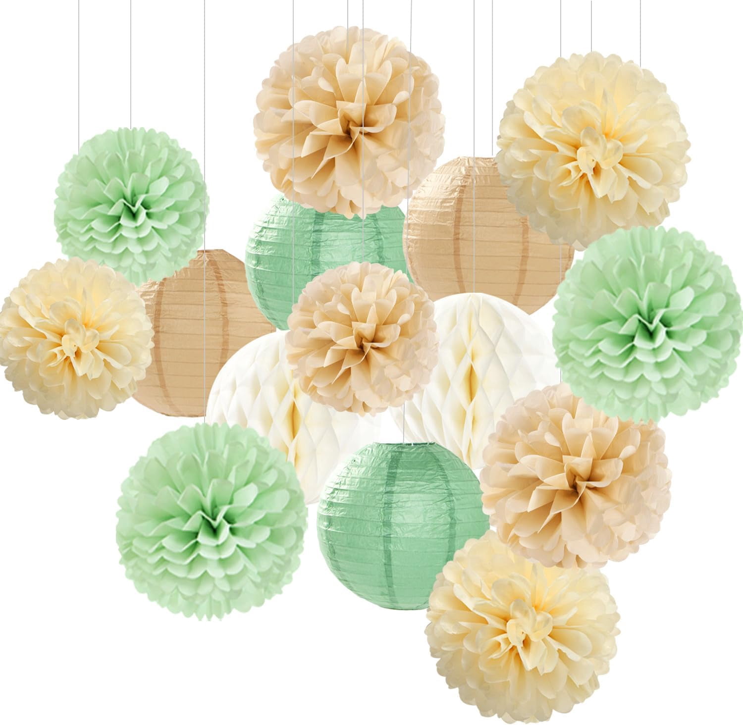 Sage Green Boho Party Decorations Paper Flowers Lanterns 15PCS Safari Rustic Neutral Baby Shower Tissue Pom Poms Streamers Champagne Gold Birthday Wedding Graduation Hanging Decor Supplies