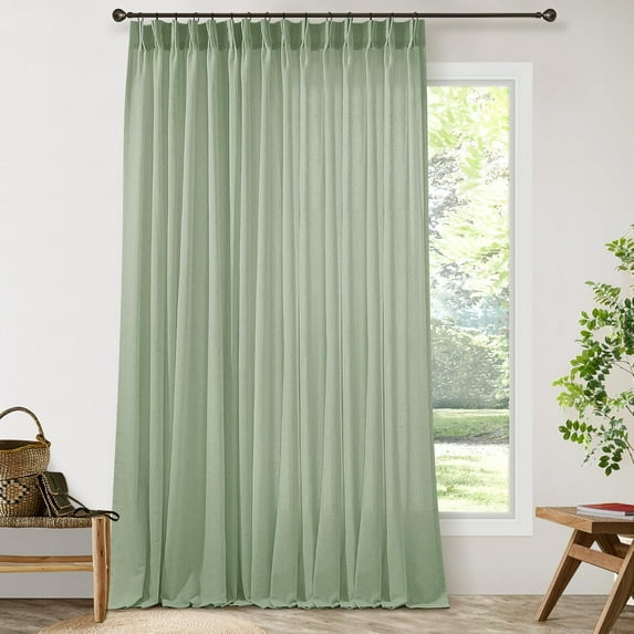 Sage Green Patio Sliding Door Curtains 100 Width 102 Inches Long Pinch Pleated Curtain Drape with Hooks Rings Light Filtering Semi Sheer Farmhouse Extra Wide 100x102 Curtain for Living Dining Room