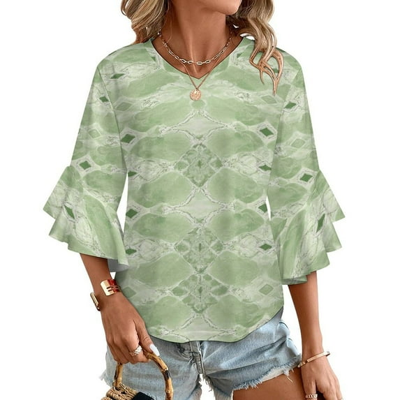 Sage Green Patterned Textile Women's V-Neck Blouse With 3/4 Ruffled Bell Sleeves Casual Top Ladies Blouses