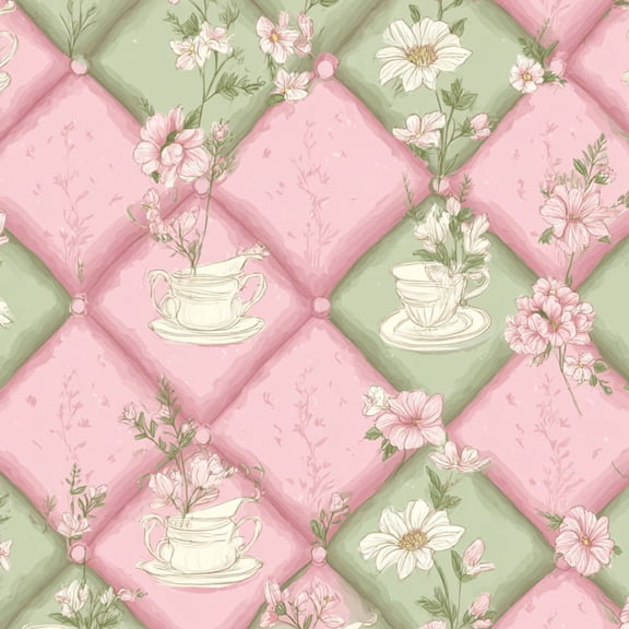 Sage Green Peel and Stick Wallpaper Floral Teacup Pink Green Soft Vintage Wall Mural 17.7in x 9.8ft Self Adhesive Removable Wall Paper Renter Friendly Wallpaper for Girls Bedroom