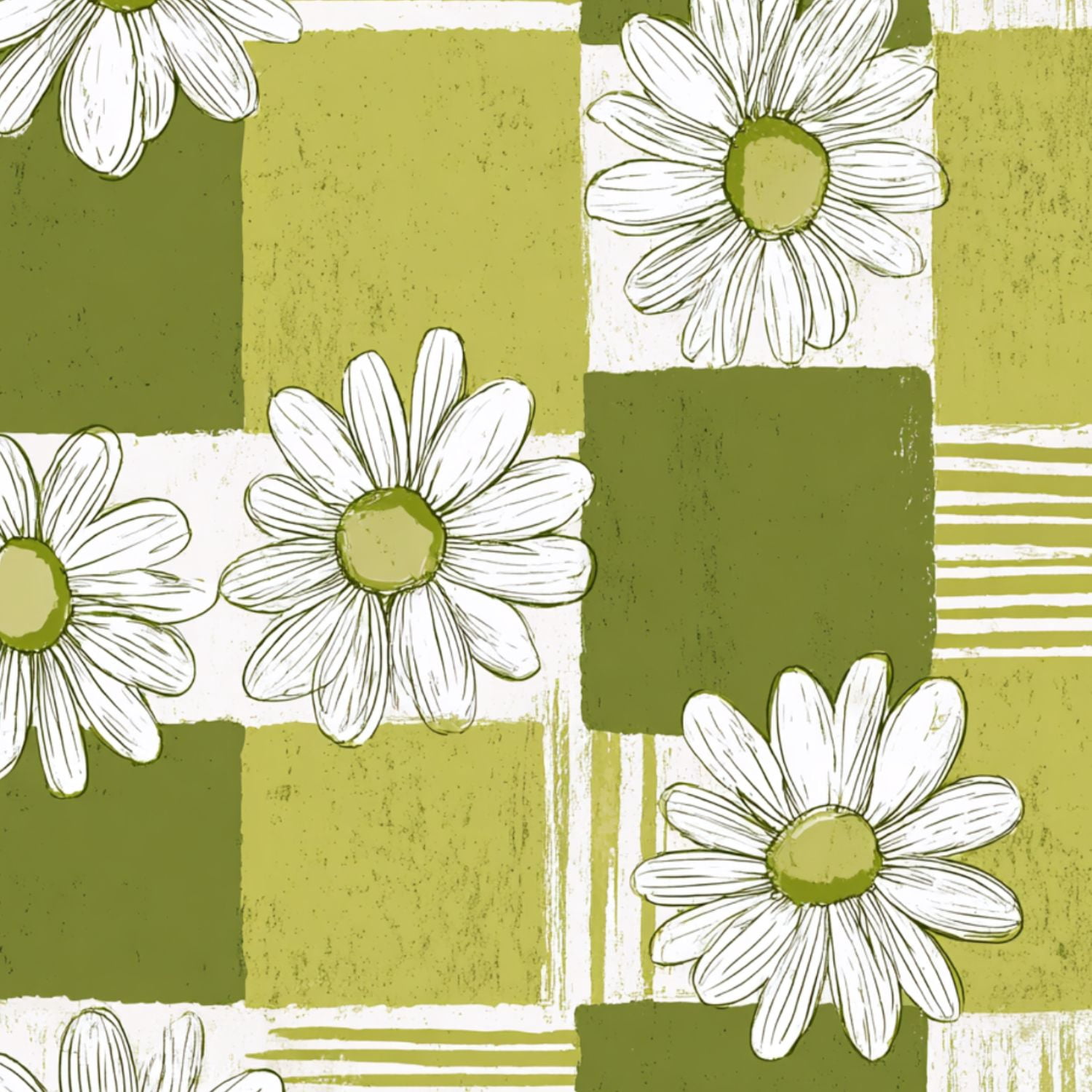 Sage Green Peel and Stick Wallpaper Green White Daisy Floral Stripes Squares Wall Mural 23.6in x 9.8ft Self Adhesive Removable Wall Paper Renter Friendly Wallpaper for Girls Bedroom