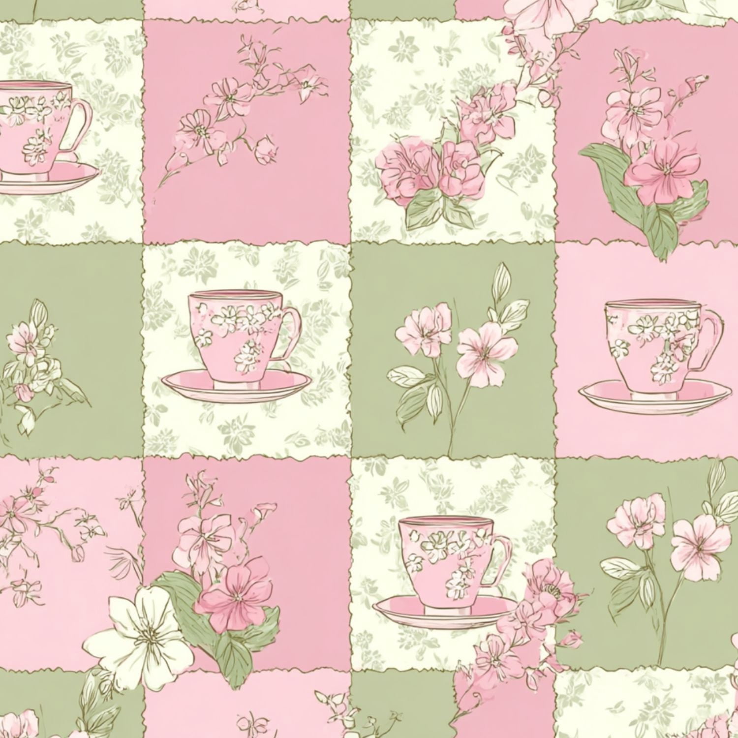 Sage Green Peel and Stick Wallpaper Pink Green Floral Tea Cups Botanical Design Wall Mural 23.6in x 9.8ft Self Adhesive Removable Wall Paper Renter Friendly Wallpaper for Girls Bedroom Livingroom