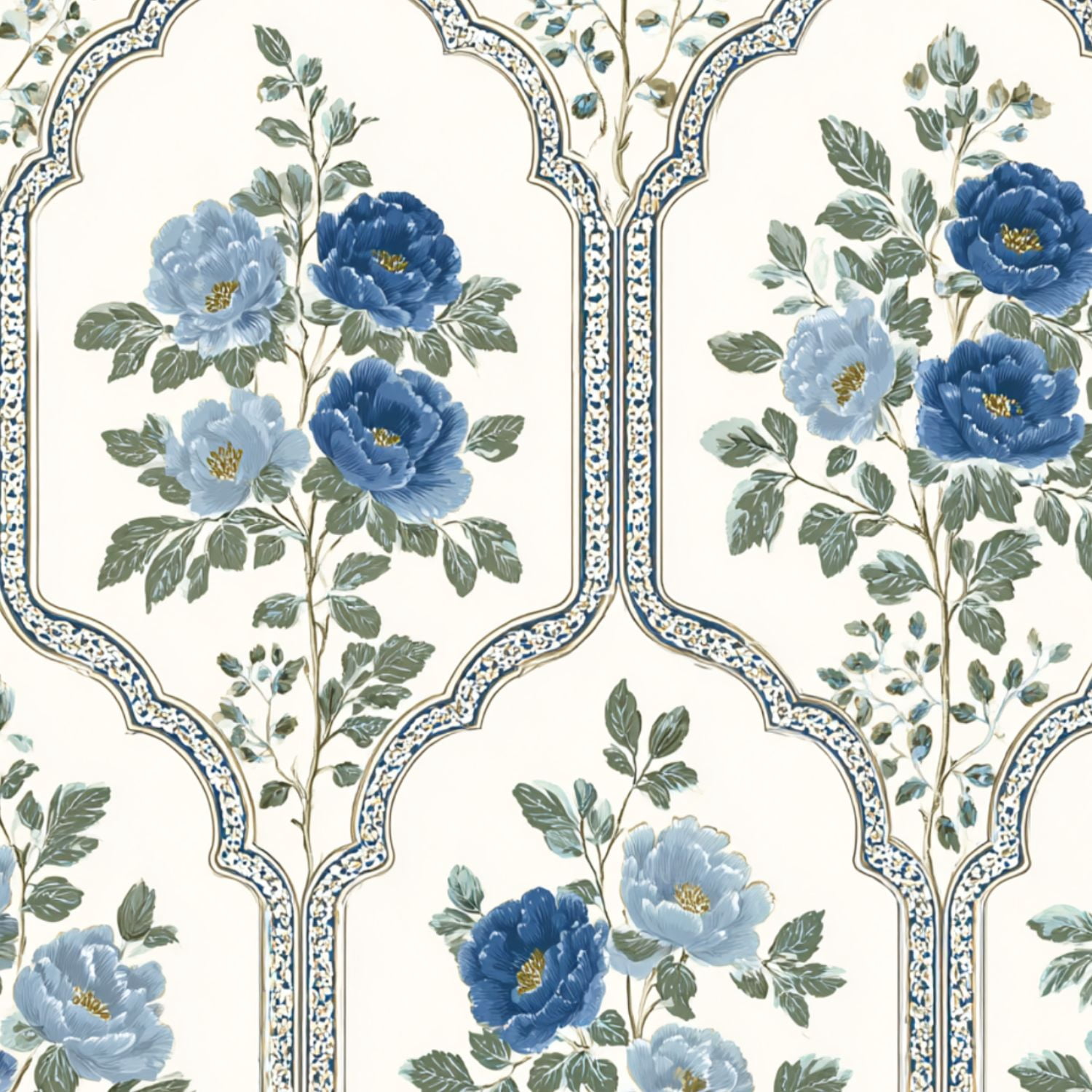 Sage Green Peel and Stick Wallpaper Vintage Blue Floral Arched Green Leaves Wall Mural 17.7in x 9.8ft Self Adhesive Removable Wall Paper Renter Friendly Wallpaper for Girls Bedroom