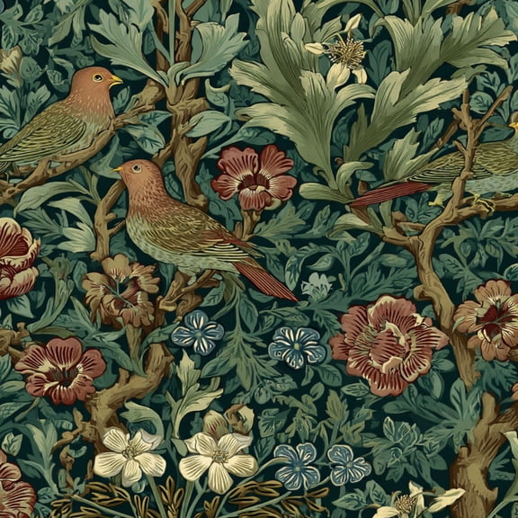 Sage Green Peel and Stick Wallpaper Vintage Floral Bird Rich Greens Reds Yellows Wall Mural 17.7in x 9.8ft Self Adhesive Removable Wall Paper Renter Friendly Wallpaper for Girls Bedroom