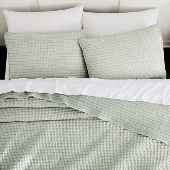 Sage Green Pick Stitch Queen Size Quilt Set Striped Lightweight Soft Summer Spring Bedspread Bamboo Linen Like Textured Coverlet Chambray Farmhouse Country Rustic Thin Bedding Comforter