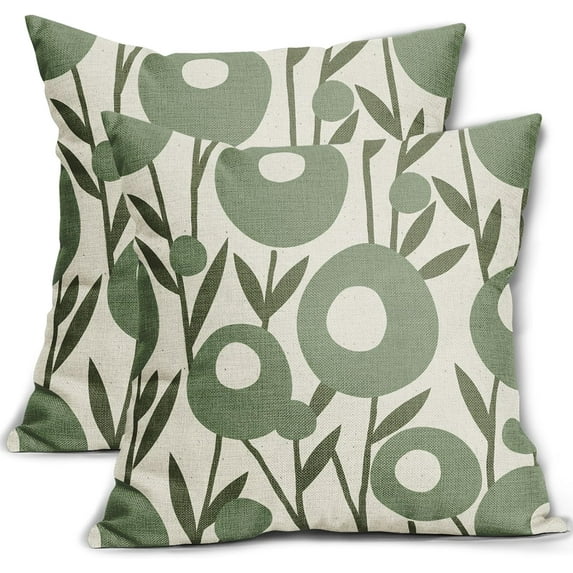 Sage Green Pillow Covers 16x16 Set of 2 Spring Summer Floral Minimalist Art Geometry Flower Modern Style Decorative Throw Pillow Cases Outdoor Farmhouse Decor for Sofa Couch Bed