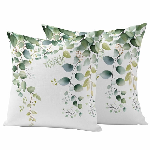 Sage Green Pillow Covers 2 Pack Eucalyptus Leaf Watercolor Plants Country Pillowcase Waterproof Outdoor Throw Pillow Cover for Patio Garden Square Cushion 16”x16”