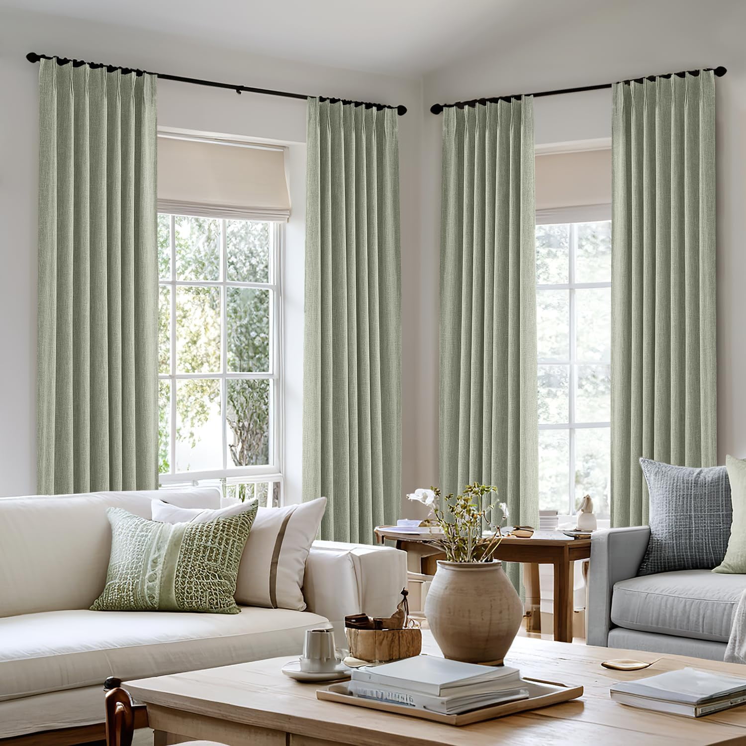 Sage Green Pinch Pleated 100 Blackout Linen Curtains 96 Inch Length 2