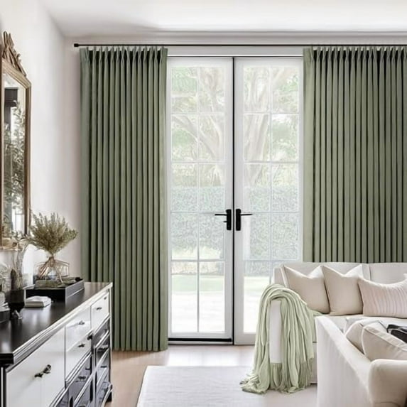 Sage Green Pinch Pleated Linen Curtains 96 Inches Long for Living Room Bedroom with Rings Hooks Clips Back Tab Semi Sheer Curtains Light Filtering Boho Farmhouse Drapes Light Green