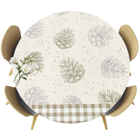 Sage Green Pine Cones Round Tablecloth 36-44 Inch Round Fitted Table Cloth with Elastic Edge, Modern Art Checkered Farmhouse Waterproof Table Cover Protector for Outdoor Picnic Party Dining