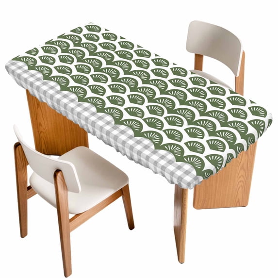 Sage Green Pine Leaves Table Cloths for 6 Foot Rectangle Tables, Abstract Art Geometric Gray Plaid Patio Waterproof Elastic Fitted Tablecloths, Washable Rectangular Table Cover for Camping