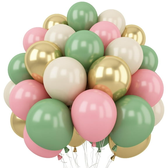 Sage Green Pink Balloon, 60 Packs 12 Inch Olive Green Pink Balloon with Sand White Metallic Gold Balloons for Girls Baby Shower Birthday Jungle Safari Woodland Party Decorations