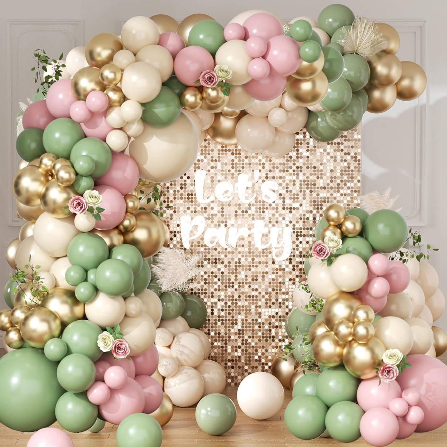Sage Green Pink Balloon Garland Arch Kit 143pcs White Sand Chrome Gold and Pastel Balloons Garland for Girls Baby in Bloom Baby Shower Mothers Day Jungle Safari  Birthday Party Decorations